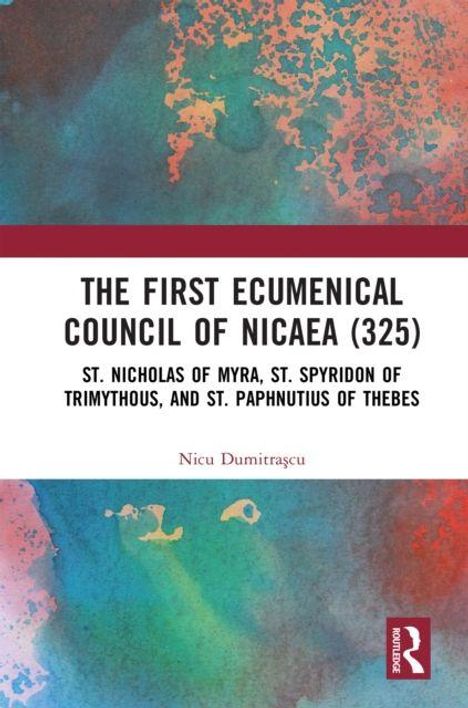 "The First Ecumenical Council of Nicaea (325)" steht über einem bunten abstrakten Hintergrund mit rotem Logo rechts.