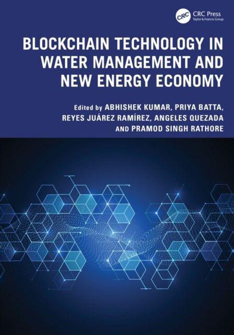 "Blockchain Technology in Water Management and New Energy Economy", Herausgeber und blaue, hexagonale Grafiken.