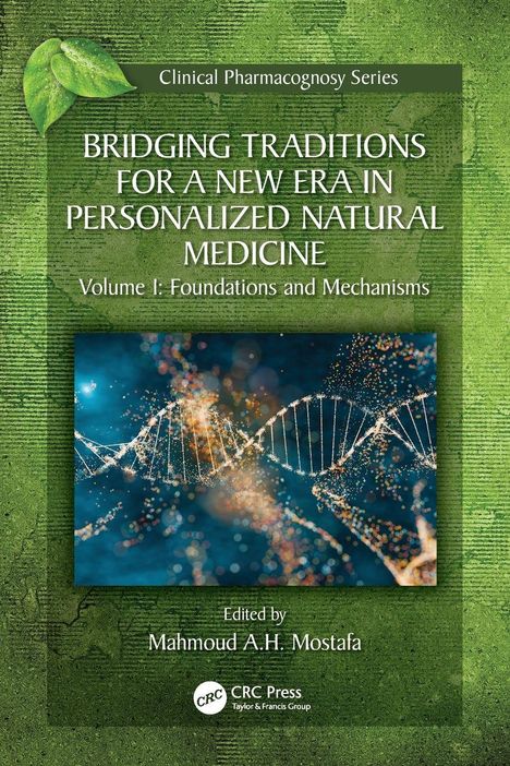 "Bridging Traditions for a New Era in Personalized Natural Medicine" auf grünem Hintergrund mit einem DNA-Muster.