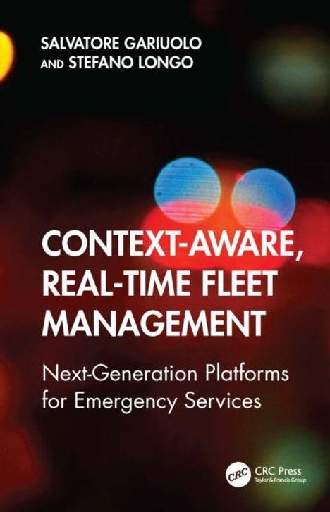 "CONTEXT-AWARE, REAL-TIME FLEET MANAGEMENT" steht in großen Buchstaben, darunter "Next-Generation Platforms for Emergency Services". Verschwommene Lichter im Hintergrund.
