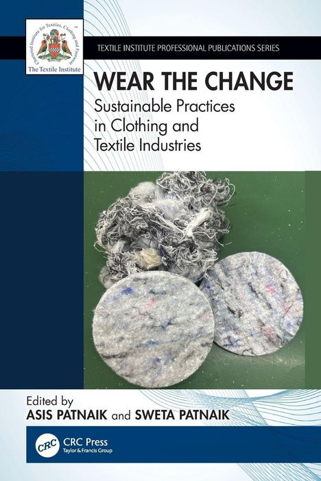 Text: "Wear the Change: Sustainable Practices in Clothing and Textile Industries." Zwei Stoffe und Garnhaufen als Illustration.