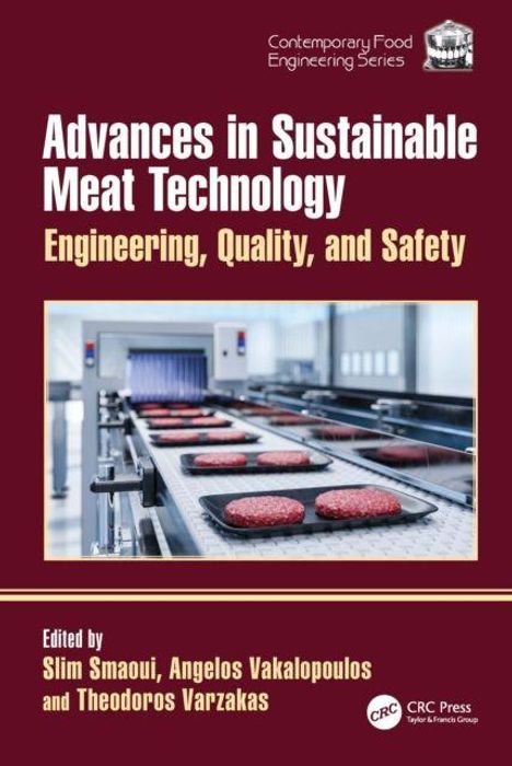 Titel: "Advances in Sustainable Meat Technology: Engineering, Quality, and Safety." Abbildung von Burgerpattys auf einem Fließband.