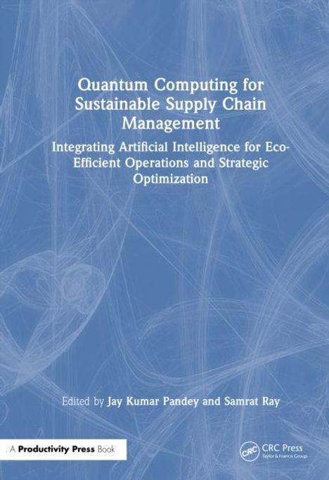 "Quantum Computing for Sustainable Supply Chain Management" mit blauem Hintergrund und abstrakter Liniengrafik.