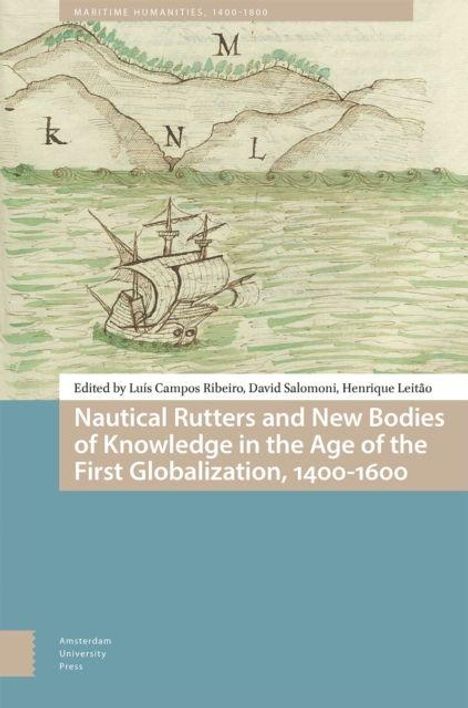 Titel: "Nautical Rutters and New Bodies of Knowledge", Karte mit Schiff, Hügel, Buchstaben M, K, L, N, Meer.