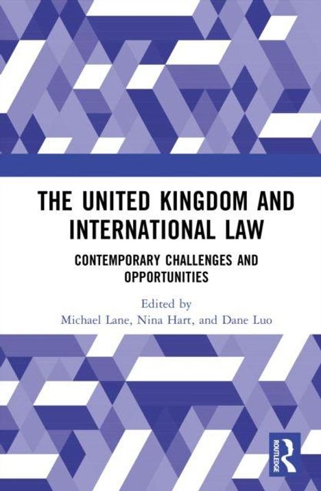 „THE UNITED KINGDOM AND INTERNATIONAL LAW: Contemporary Challenges and Opportunities“ in blauen Text auf geometrischem Hintergrund.