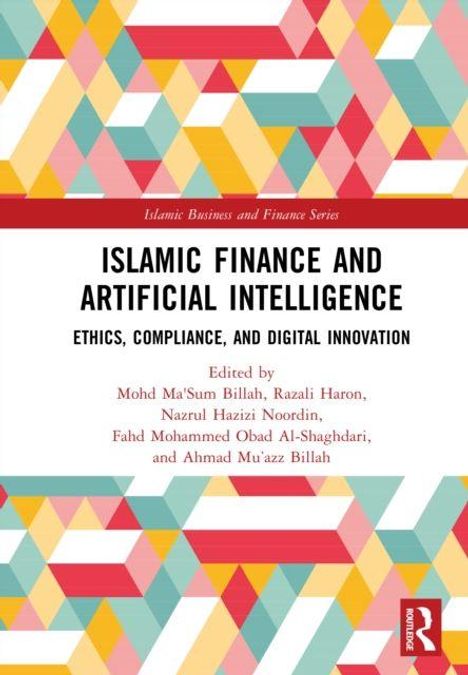 "Islamic Finance and Artificial Intelligence: Ethics, Compliance, and Digital Innovation" in schwarzem Text. Geometrische Muster oben und unten.