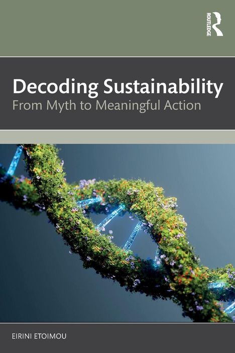 "Decoding Sustainability: From Myth to Meaningful Action" von Eirini Etoiou. Abstrakte DNA-Illustration mit Pflanzen.
