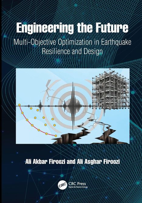 "Engineering the Future" mit Bauzeichnung, Seismograph und Gebäude im Hintergrund. Geometrische Muster und Linien.