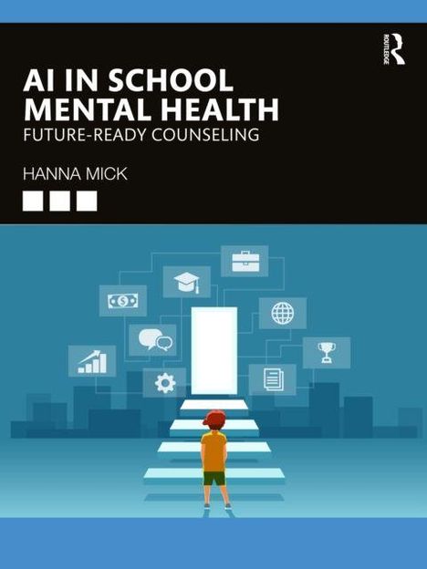 "AI in School Mental Health: Future-Ready Counseling – Hanna Mick." Kind steht vor offenen Türen, Symbole darüber.