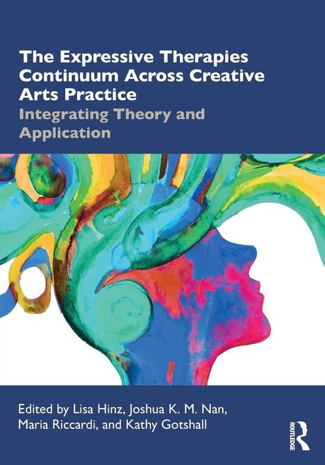 Text: "The Expressive Therapies Continuum Across Creative Arts Practice" und "Integrating Theory and Application". Buntes Gesicht.