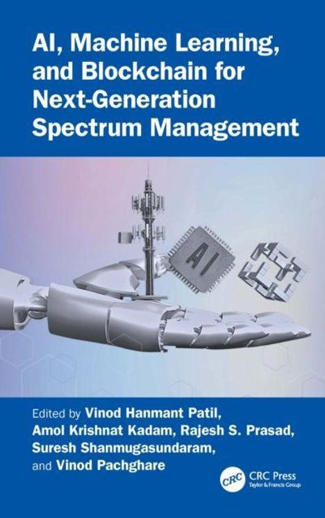 "AI, Machine Learning, and Blockchain for Spectrum Management." Roboterarm hält AI- und Blockchain-Symbole, blaue Töne.