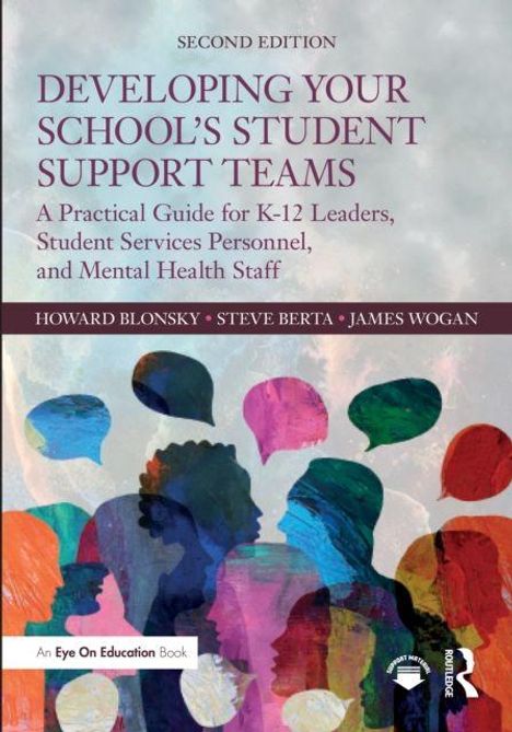 Buchtitel: "Developing Your School's Student Support Teams". Viele bunte Silhouetten von Menschen auf abstraktem Hintergrund.