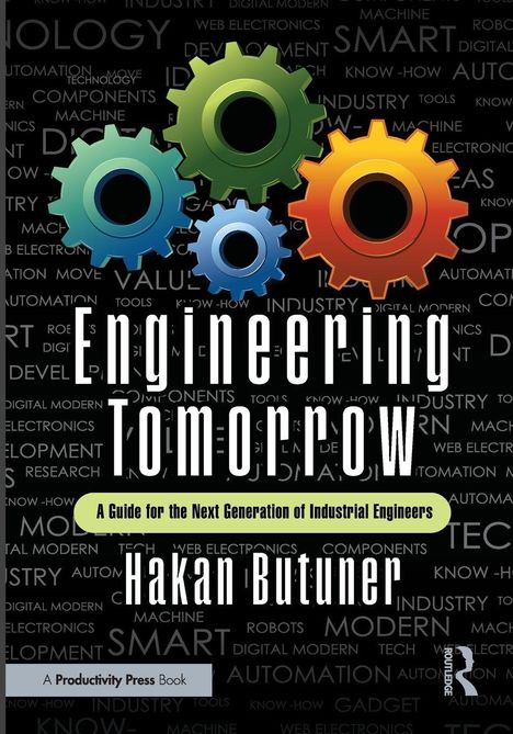 „Engineering Tomorrow“: Anleitung für Industrieingenieure. Bunte Zahnräder vor technischem Hintergrundtext.