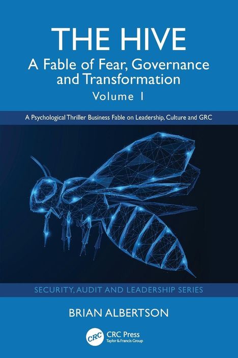 "THE HIVE: A Fable of Fear, Governance and Transformation. Illustration einer geometrischen Biene auf blauem Hintergrund."