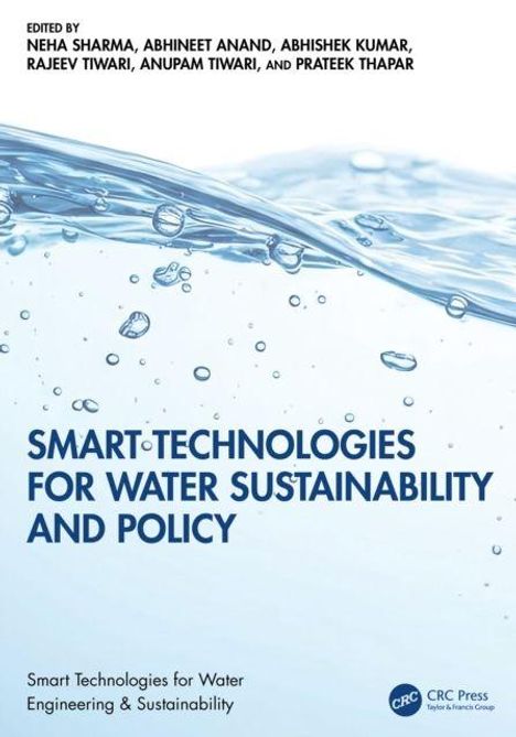 Text: "Smart Technologies for Water Sustainability and Policy." Wasser mit Luftblasen über einem weißen Hintergrund.