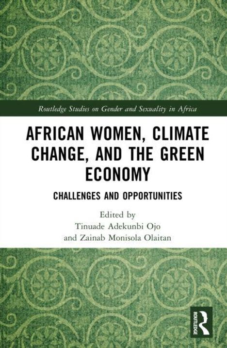 "African Women, Climate Change, and the Green Economy: Challenges and Opportunities" ist der Titel, grün-gemusterter Hintergrund.
