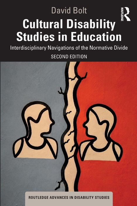 Titel: Cultural Disability Studies in Education. Untertitel: Interdisciplinary Navigations of the Normative Divide. Illustration: Zwei stilisierte Personen, getrennt durch eine gezackte Linie, auf grauem und rotem Hintergrund.