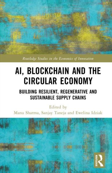 Titel: "AI, Blockchain and the Circular Economy". Bunte, abstrakte Kunst mit gelb-blauen Texturen.