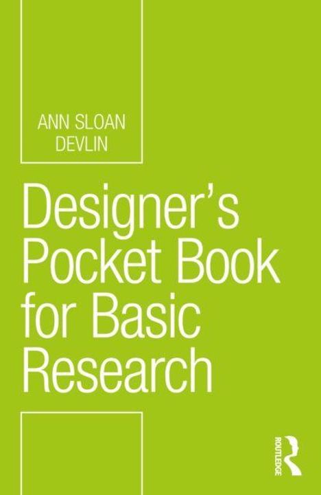 Text: "ANN SLOAN DEVLIN. Designer's Pocket Book for Basic Research." Grüner Hintergrund, schlichtes Layout.