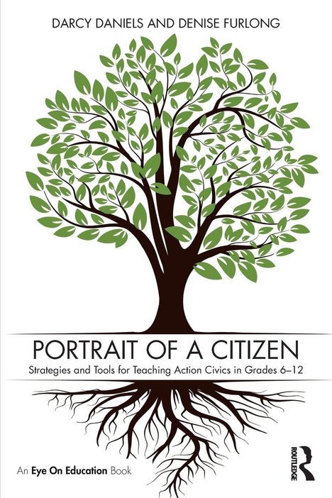 "PORTRAIT OF A CITIZEN", Buch über Civic Education. Illustration eines großen Baums, Wurzeln sichtbar, grünes Laub.