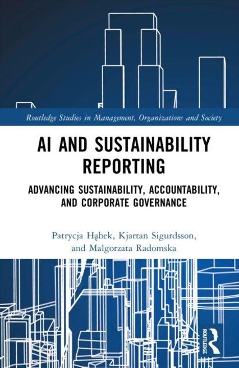 „AI and Sustainability Reporting“ von Patrycja Hąbek et al. zeigt stilisierte weiße Gebäude auf blauem Hintergrund.