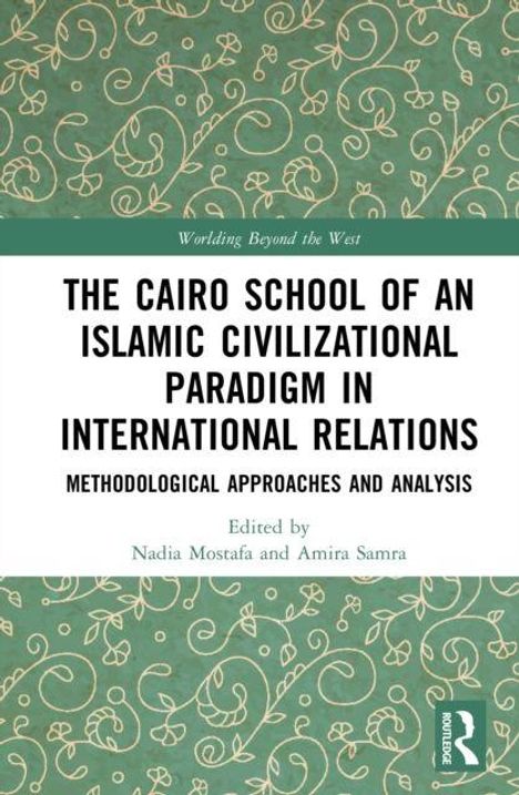 „THE CAIRO SCHOOL OF AN ISLAMIC CIVILIZATIONAL PARADIGM IN INTERNATIONAL RELATIONS“ auf grünem Hintergrund mit weißen Verzierungen.