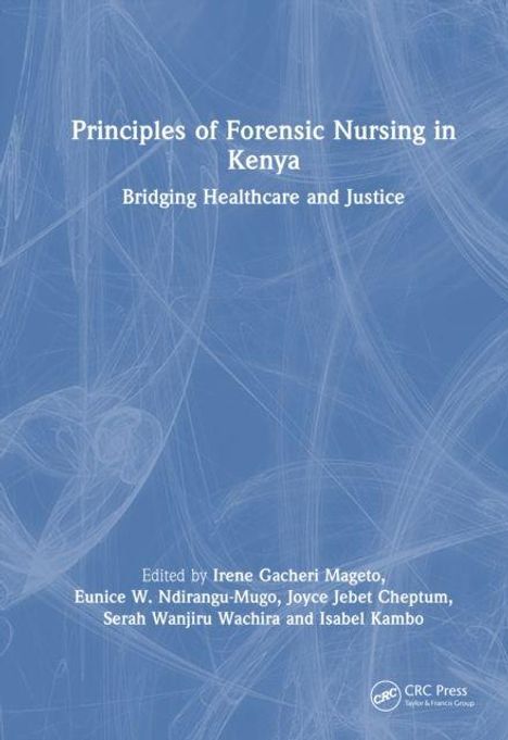 "Principles of Forensic Nursing in Kenya: Bridging Healthcare and Justice", blaues abstraktes Hintergrundmuster.