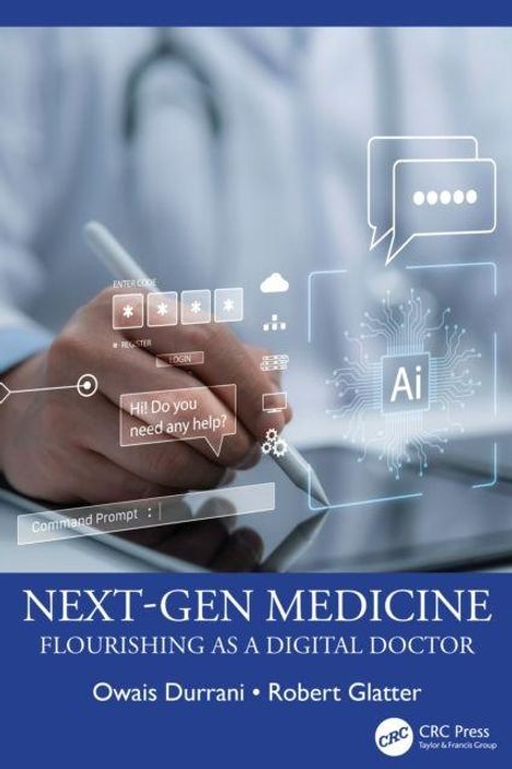 „NEXT-GEN MEDICINE: FLOURISHING AS A DIGITAL DOCTOR.“ Hintergrund: Arzt mit Tablet, digitale Symbole, „Hi! Do you need any help?“