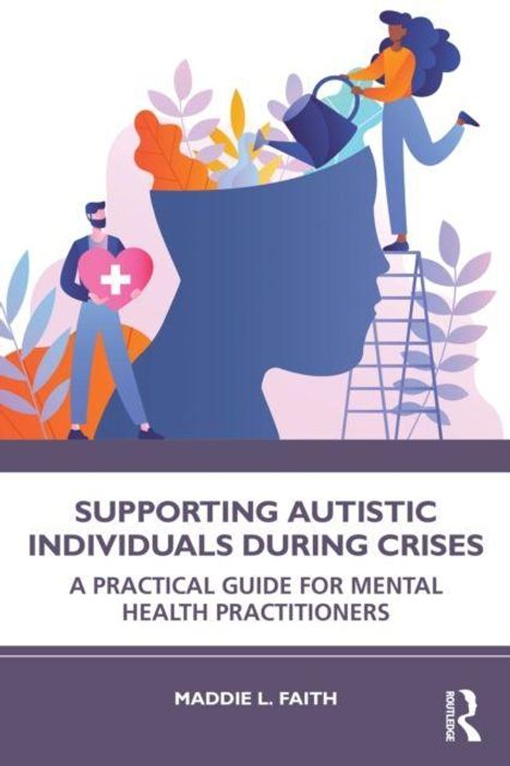 Titel: "SUPPORTING AUTISTIC INDIVIDUALS DURING CRISES". Illustration: Eine Person gießt ein Herz in einen Kopf.