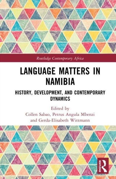 "Language Matters in Namibia: History, Development, and Contemporary Dynamics" auf buntem geometrischem Hintergrund.