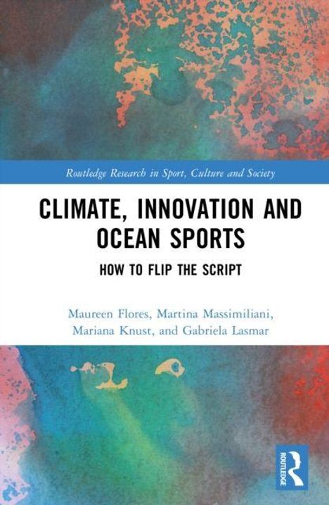 „Climate, Innovation and Ocean Sports“ in Schwarz auf Weiß. Aquarell-Hintergrund in Rot und Blau, Logo unten rechts.