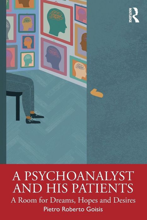 „A Psychoanalyst and His Patients“. Illustration eines Raumes mit bunten Gehirnszenen an der Wand, ein leerer Stuhl sichtbar.