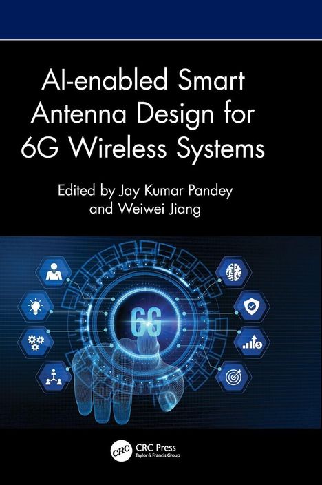 Buchtitel: "AI-enabled Smart Antenna Design for 6G Wireless Systems". Illustrationssymbole um ein zentrales 6G-Logo.