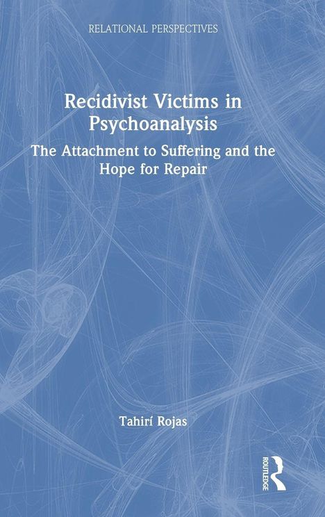 Text: „Recidivist Victims in Psychoanalysis“, „The Attachment to Suffering and the Hope for Repair“, „Tahirí Rojas“. Hintergrund in Blau mit weißen Linien. Logo am unteren Rand.