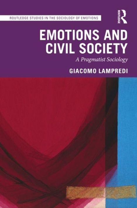"Emotions and Civil Society: A Pragmatist Sociology" von Giacomo Lampredi, abstrakte Kunst mit Rot- und Blautönen.