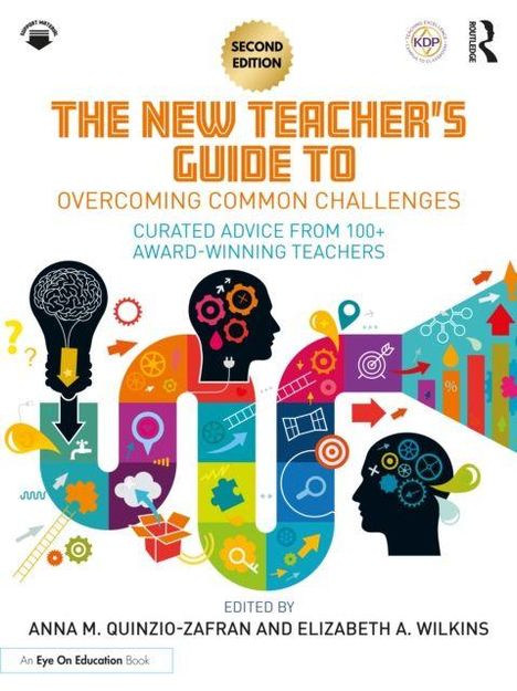 "THE NEW TEACHER'S GUIDE TO OVERCOMING COMMON CHALLENGES" in oranger Schrift. Zwei Profile mit Bildungssymbolen.