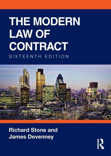 "The Modern Law of Contract, Sixteenth Edition" von Richard Stone und James Devenney. Skyline einer Großstadt bei Dämmerung.