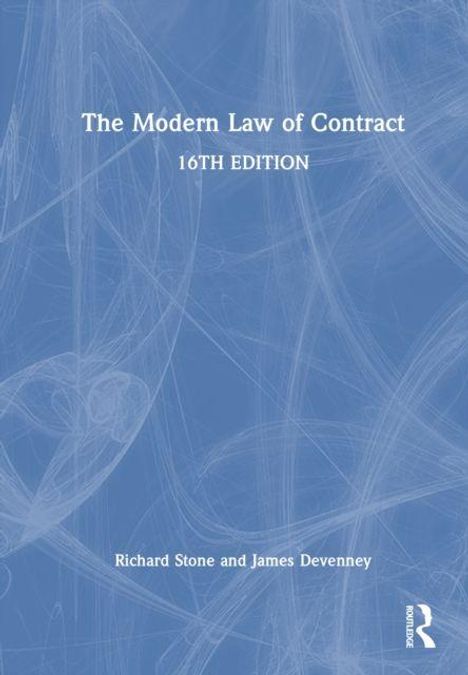 "The Modern Law of Contract, 16th Edition" von Richard Stone und James Devenney. Abstrakte blaue Hintergrundgrafik.