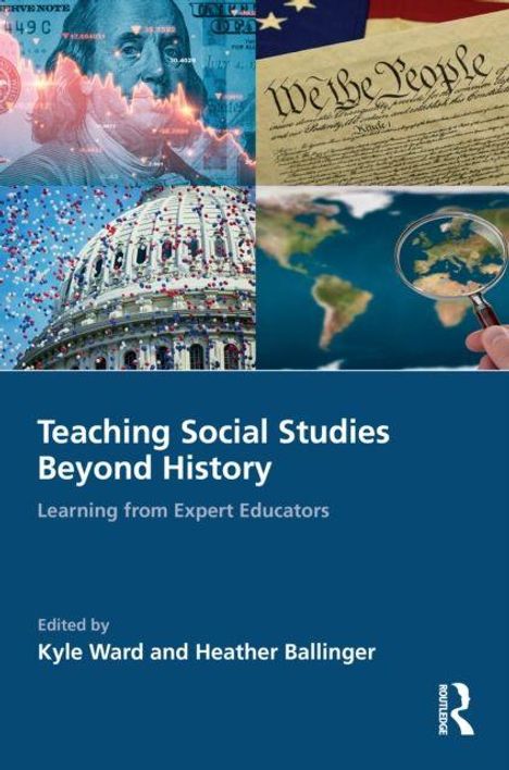 "Teaching Social Studies Beyond History: Learning from Expert Educators", oben USA-Symbole, unten Buchdetails mit Autoren.