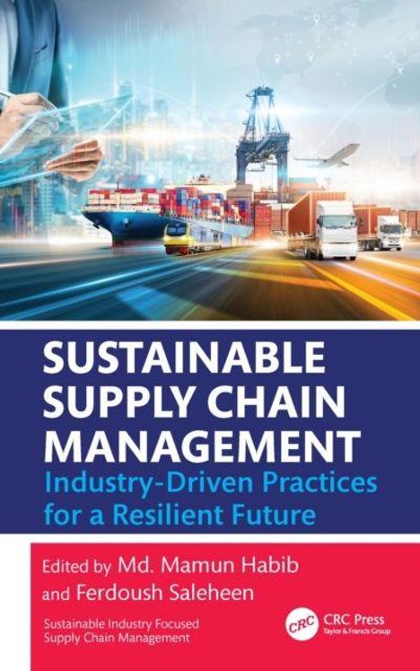 „SUSTAINABLE SUPPLY CHAIN MANAGEMENT“: Ein Containerhafen mit LKWs, Schiffen und einem Kran, davor grafische Elemente.