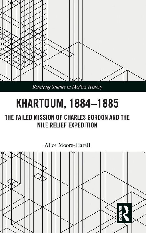„Khartoum, 1884-1885“ von Alice Moore-Harell. Geometrische Linien bilden ein abstraktes Muster, Logo unten rechts.
