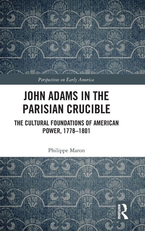 "John Adams in the Parisian Crucible. Dekoratives Muster mit floralen und geometrischen Elementen auf blauem Hintergrund."