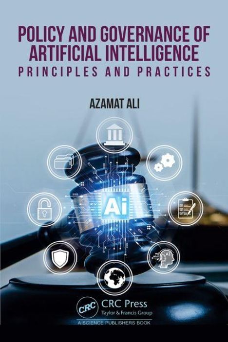 Text oben: "POLICY AND GOVERNANCE OF ARTIFICIAL INTELLIGENCE." Ein Richterhammer mit AI-Symbol und technologischen Icons.