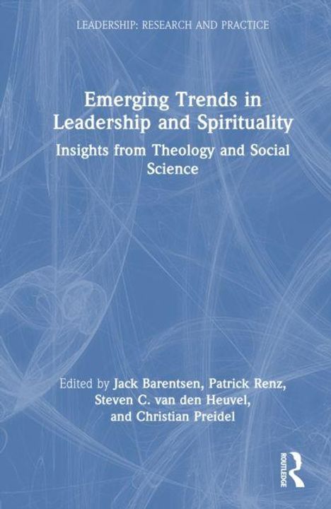 Text: "Emerging Trends in Leadership and Spirituality: Insights from Theology and Social Science." Blaue abstrakte Linienzeichnung.