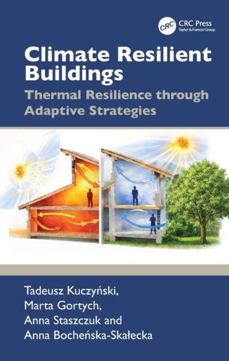 "Climate Resilient Buildings: Thermal Resilience through Adaptive Strategies." Zwei Illustrierte Häuser mit Sonne und Bäumen.