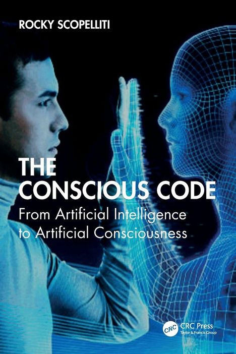 Titel: THE CONSCIOUS CODE. Zwei Figuren stehen einander gegenüber; eine menschlich, die andere digital.
