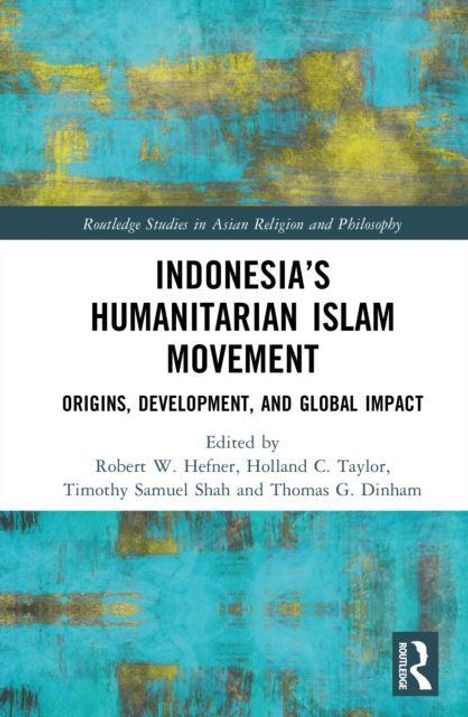 "INDONESIA'S HUMANITARIAN ISLAM MOVEMENT: Origins, Development, and Global Impact" steht auf einem strukturierten, blau-gelben Hintergrund.