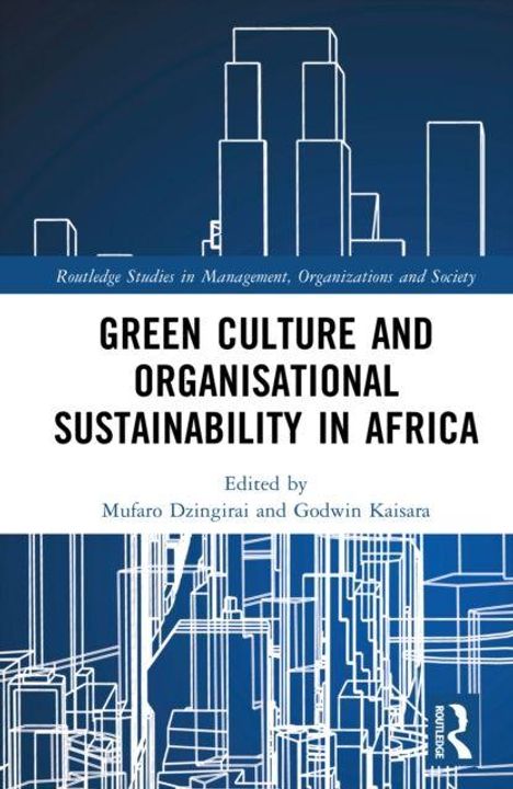 "Green Culture and Organisational Sustainability in Africa" ist der Titel. Blau-weiße Illustration von Gebäuden im Hintergrund.
