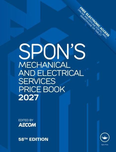 Titel: "SPON'S MECHANICAL AND ELECTRICAL SERVICES PRICE BOOK 2027", 58. Auflage, bearbeitet von AECOM. Blaues Coverdesign.