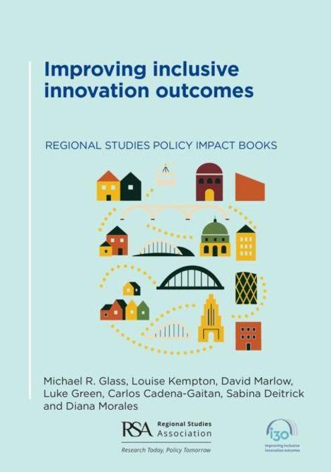 Titel: Improving inclusive innovation outcomes. Illustration: Bunte Gebäude und Brücken in einem stilisierten Städtelayout.